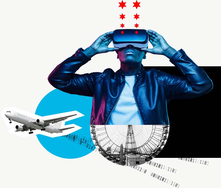 Collage of a Ferris wheel, airplane, binary code, and man looking through a 3D image viewer