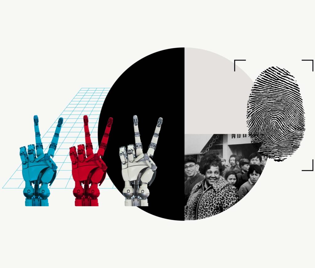 Collage of a group of people in a crowd, a fingerprint, and 3 hands making peace symbols in red, white, and blue