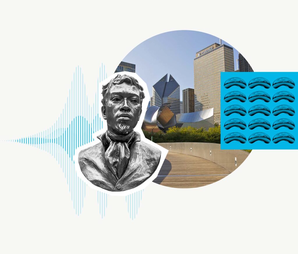 Collage of downtown Chicago, illustrations of the Cloud Gate sculpture, and a bust of Jean-Baptiste Point DuSable