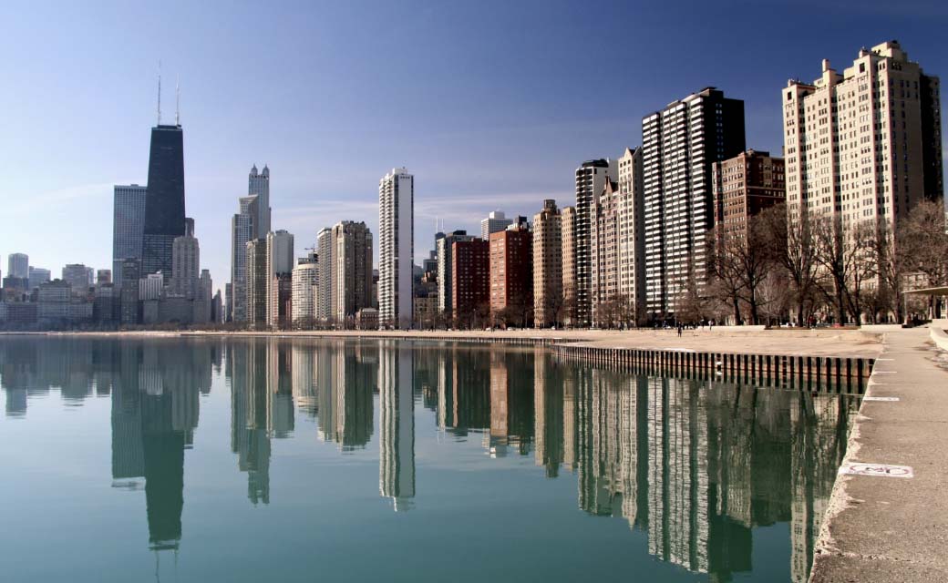 Chicago skyline reflecting off Lake Michigan