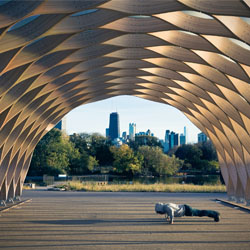 Chicago skyline framed by Lincoln Park's honeycomb sculpture