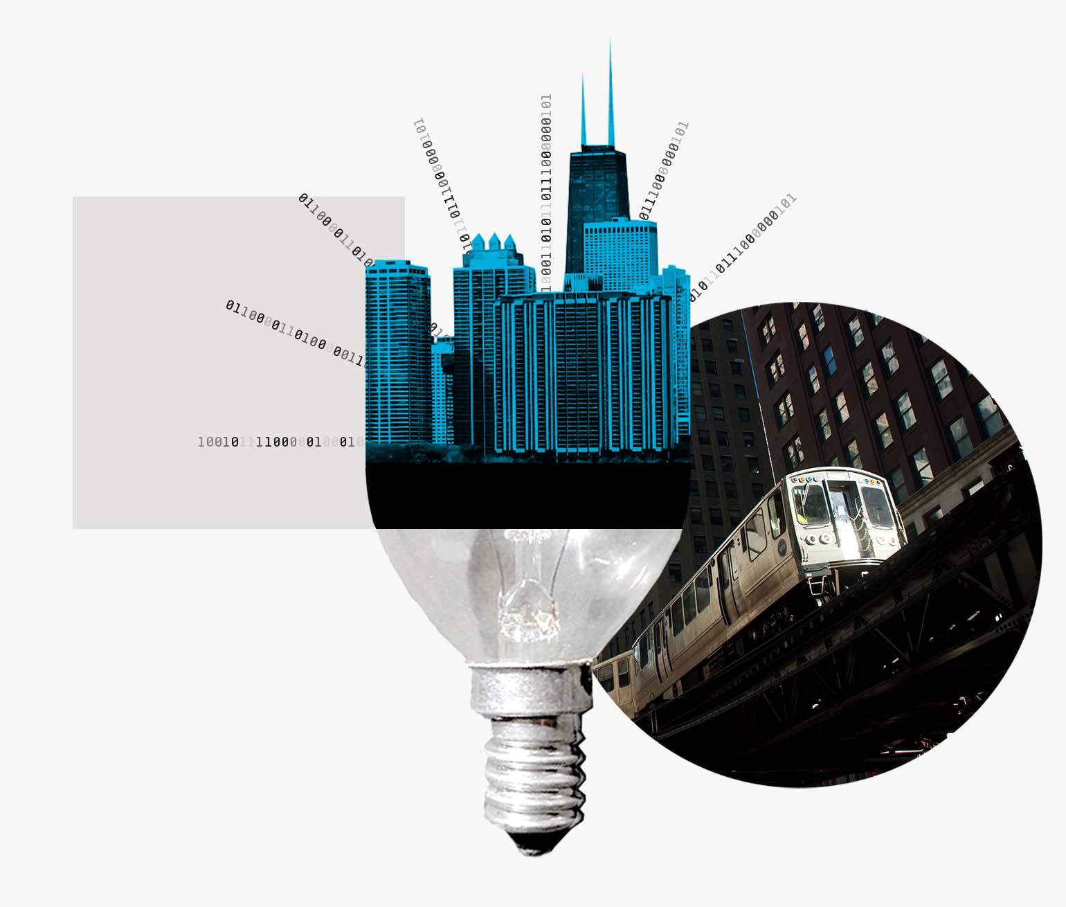 Collage of an L train and iconic Chicago buildings bursting out of a lightbulb