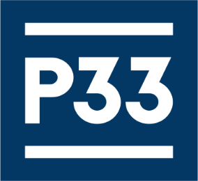 Square P33 logo on a blue background