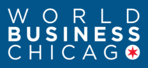 Horizontal World Business Chicago logo on a blue background
